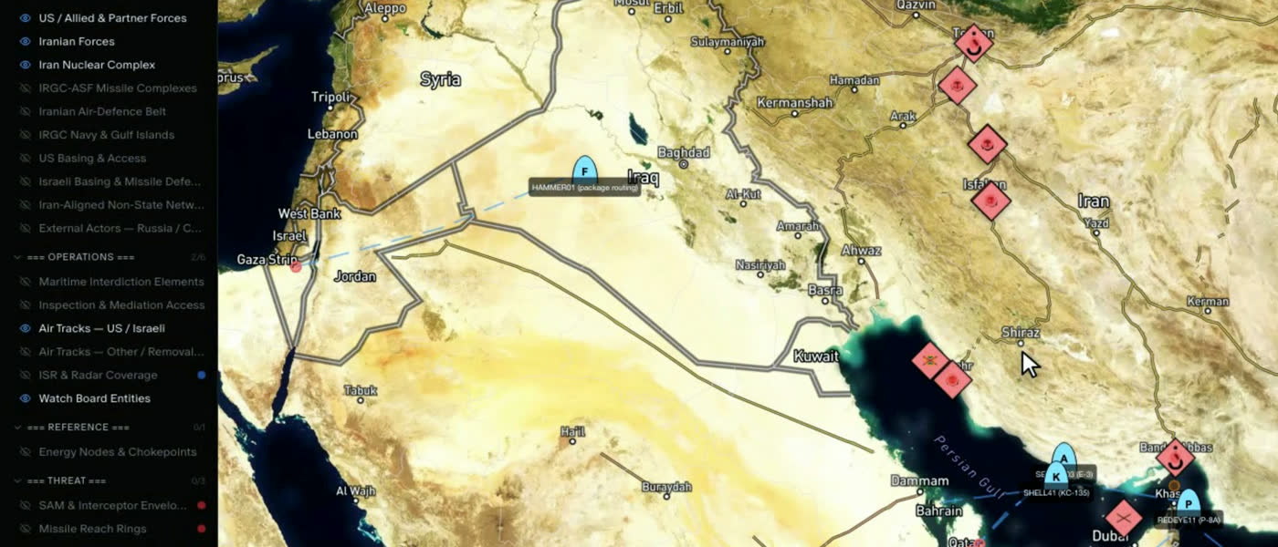 Command Center operating picture: a layered map with tracked objectives and live air tracks. Simulated scenario data.